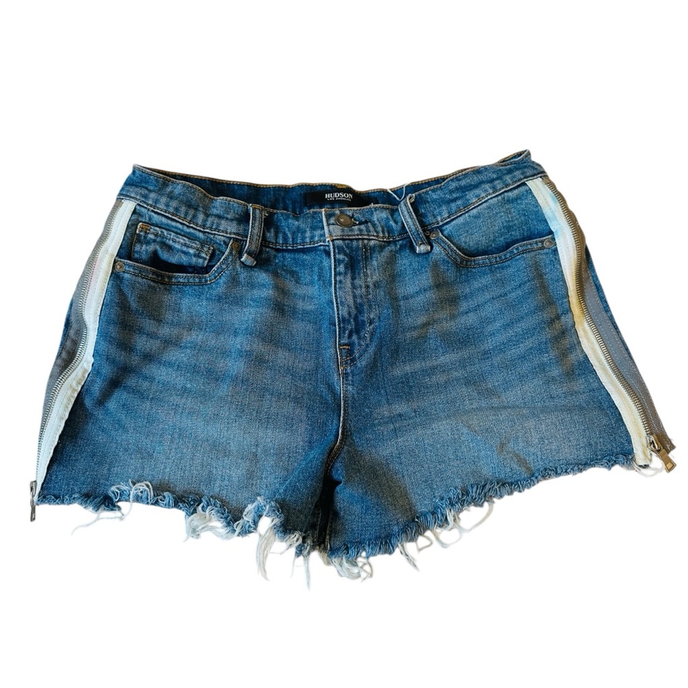 Hudson LA Jorts side stripes zippers frayed hem Size 28 Blue Summer Streetwear